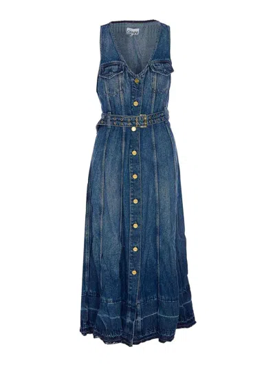 Ganni Denim Light Denim Belt Dress In Blue