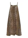 Ganni Short Sleeved Silk Stretch Satin Ruched Slip Midi Dress In Leopard In Multicolour