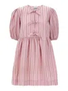 Ganni Striped Puff Sleeve Dress With Bow In Nude & Neutrals