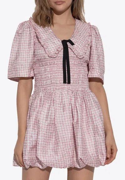 Ganni Vichy Check Shirred Mini Dress In Pink