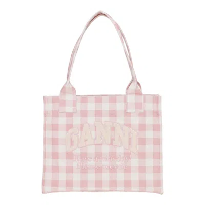 Ganni Vichy Check Tote Small In Pink
