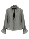 Ganni Vichy Print Shirt With Ruffled Collar In Gray