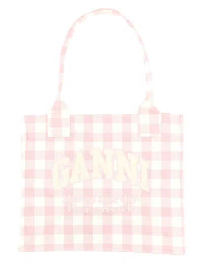 Ganni "vicky Check" Tote Bag Large In Pink