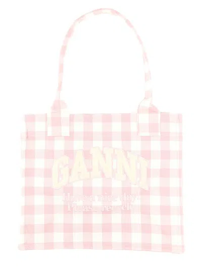 Ganni "vicky Check" Tote Bag Large In Pink