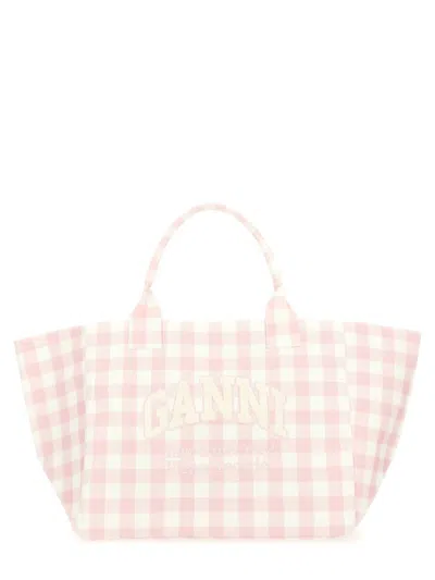 Ganni "vicky Check Xxl" Tote Bag In Pink