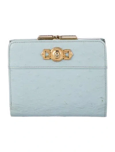 Pre-owned Ganni Vintage Ostrich Compact Wallet In Blue