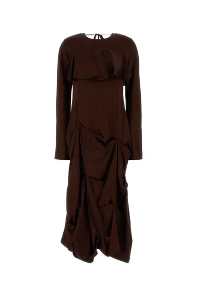 Ganni Double Viscose Satin Maxi Longsleeve Dress In Brown