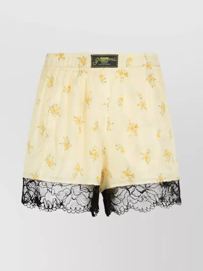Ganni Viscose Shorts With Floral Pattern And Lace Trim In Yellow