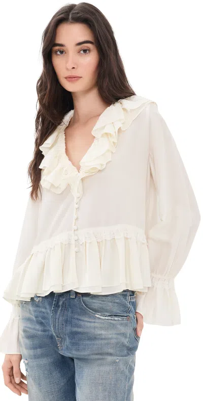 Ganni Viscose Silk Blend Frill Blouse Egret In Neutral