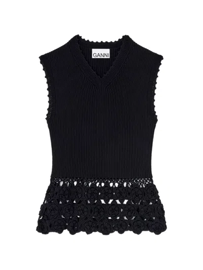 Ganni Crochet Cotton Vest Sleeveless V Neck In Black