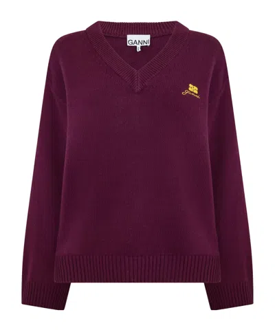 Ganni V-neck Knit Sweater In Multi