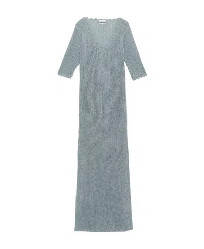 Ganni V-neck Knitted Maxi Dress In Blue