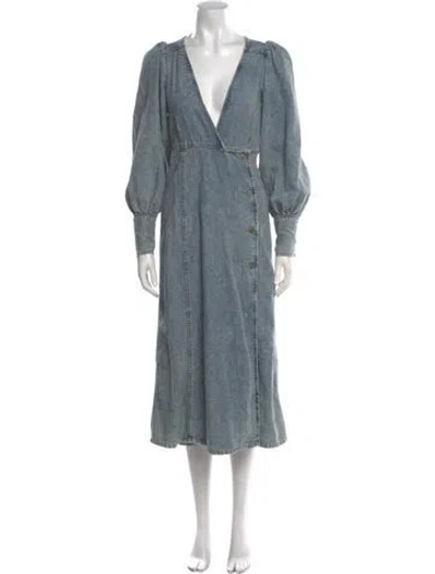 Pre-owned Ganni V-neck Long Dress In Blue