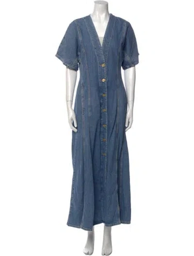 Pre-owned Ganni V-neck Long Dress In Blue