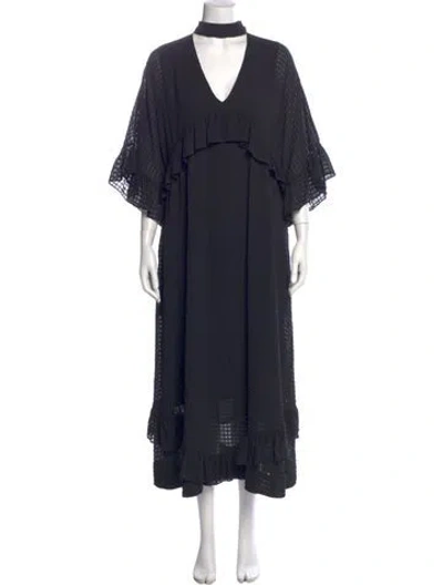 Pre-owned Ganni V-neck Long Dress In Blue