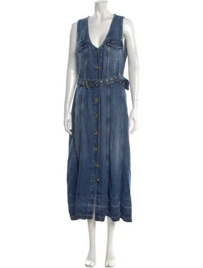 Pre-owned Ganni V-neck Long Dress In Blue