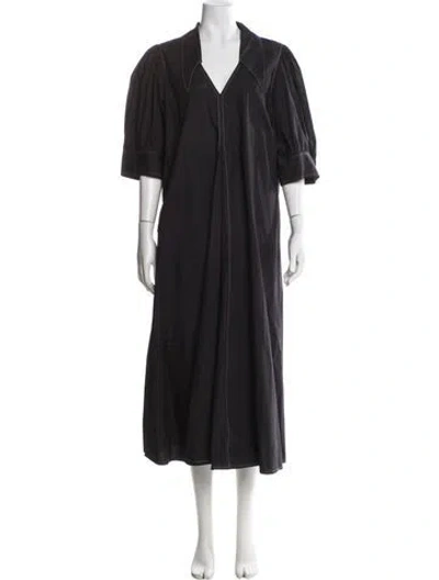 Pre-owned Ganni V-neck Long Dress In Gray