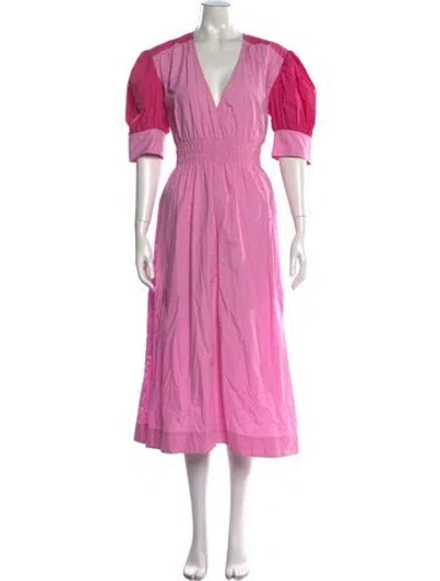 Pre-owned Ganni V-neck Long Dress In Pink