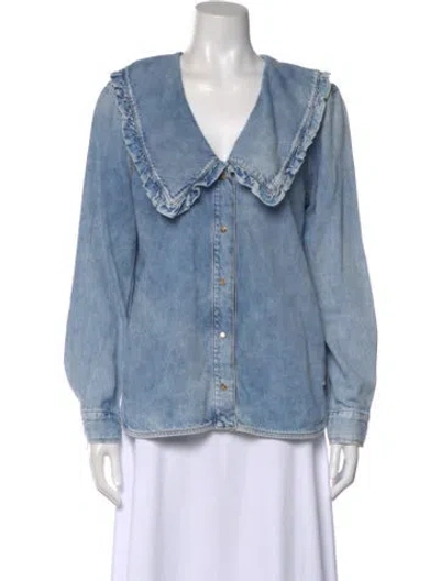 Pre-owned Ganni V-neck Long Sleeve Blouse In Blue