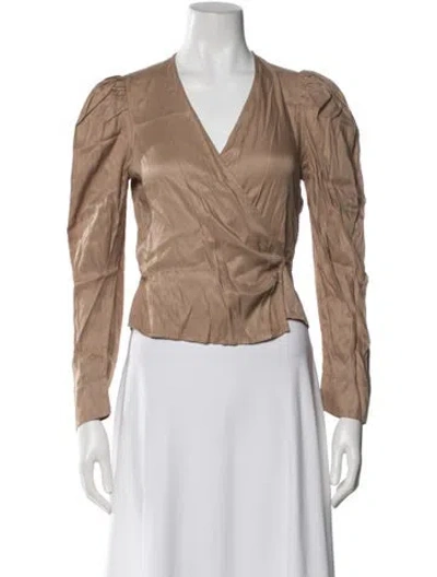 Pre-owned Ganni V-neck Long Sleeve Blouse In Brown