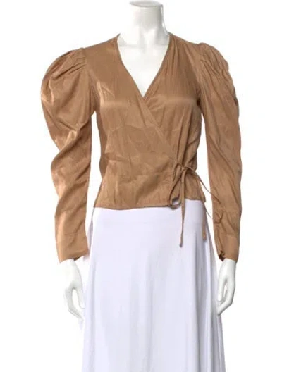 Pre-owned Ganni V-neck Long Sleeve Blouse In Brown