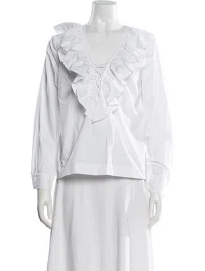Pre-owned Ganni V-neck Long Sleeve Blouse In White