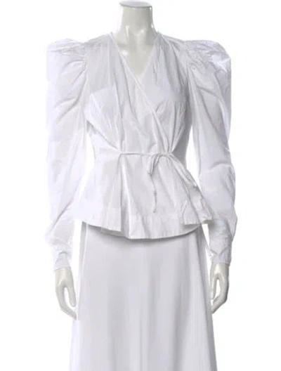 Pre-owned Ganni V-neck Long Sleeve Blouse In White