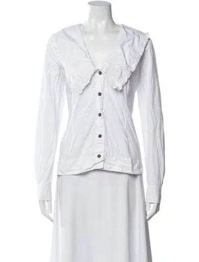 Pre-owned Ganni V-neck Long Sleeve Blouse In White