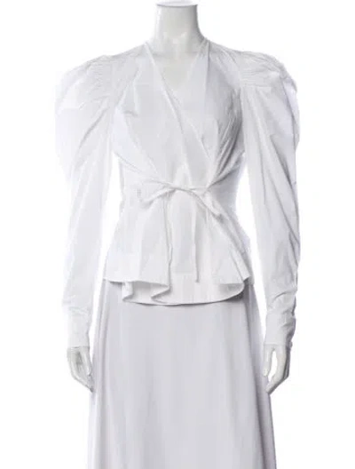 Pre-owned Ganni V-neck Long Sleeve Blouse In White