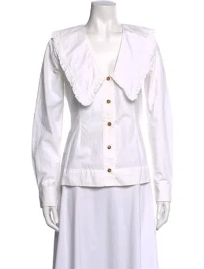 Pre-owned Ganni V-neck Long Sleeve Blouse In White