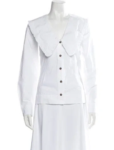 Pre-owned Ganni V-neck Long Sleeve Blouse In White