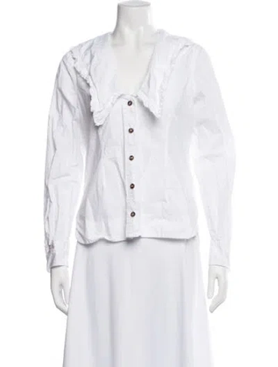 Pre-owned Ganni V-neck Long Sleeve Blouse In White