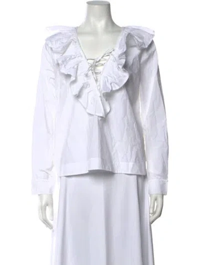 Pre-owned Ganni V-neck Long Sleeve Blouse In White
