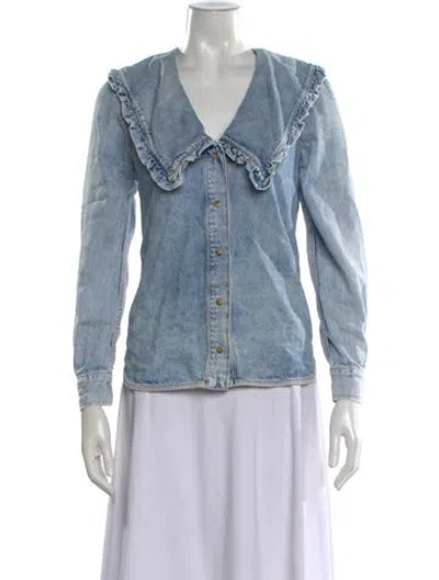 Pre-owned Ganni V-neck Long Sleeve Button-up Top In Blue