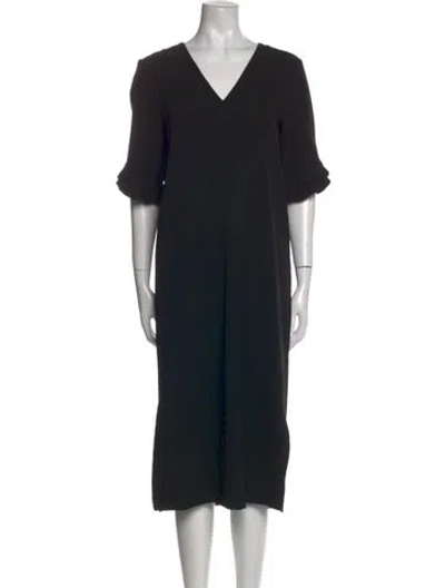 Pre-owned Ganni V-neck Midi Length Dress In Black
