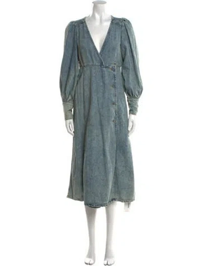 Pre-owned Ganni V-neck Midi Length Dress In Blue