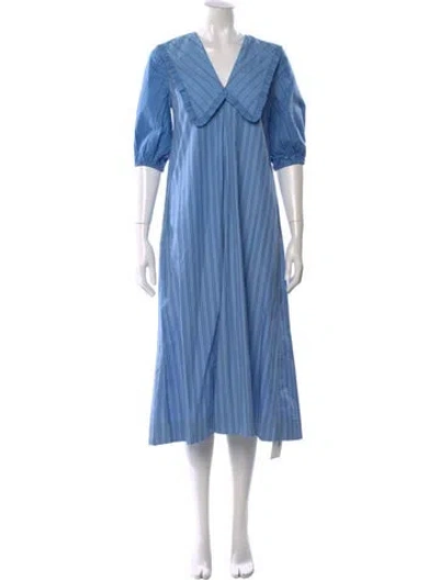 Pre-owned Ganni V-neck Midi Length Dress In Blue