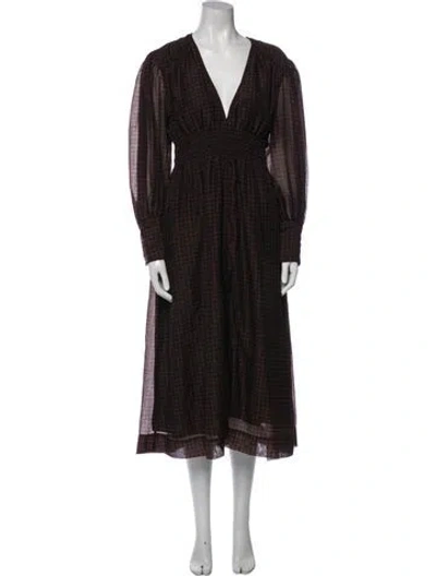 Pre-owned Ganni V-neck Midi Length Dress In Brown