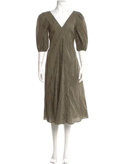 Pre-owned Ganni V-neck Midi Length Dress In Green