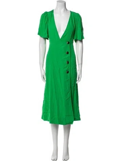 Pre-owned Ganni V-neck Midi Length Dress In Green