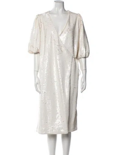 Pre-owned Ganni V-neck Midi Length Dress In White