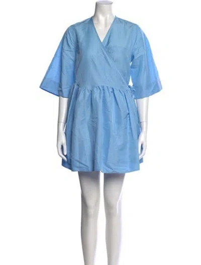 Pre-owned Ganni V-neck Mini Dress In Blue