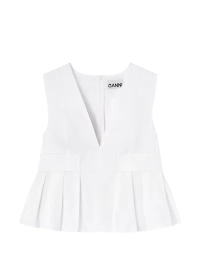 Ganni V-neck Pleated Blouse In White