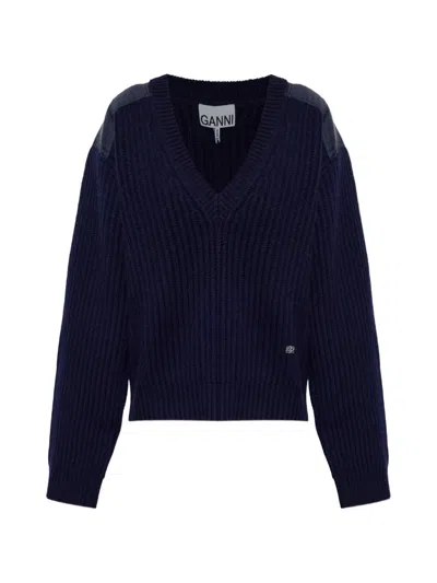 Ganni V-neck Ribbed-knit Sweater In Blue