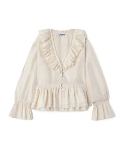 Ganni V-neck Ruffled Lace-trim Blouse In White
