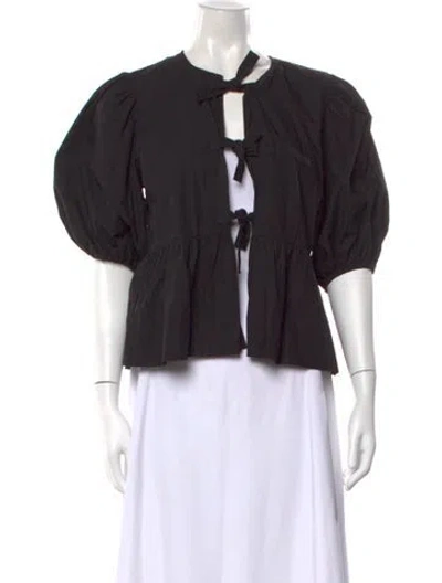 Pre-owned Ganni V-neck Short Sleeve Blouse In Black
