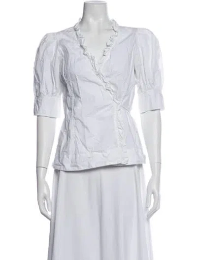 Pre-owned Ganni V-neck Short Sleeve Blouse In White