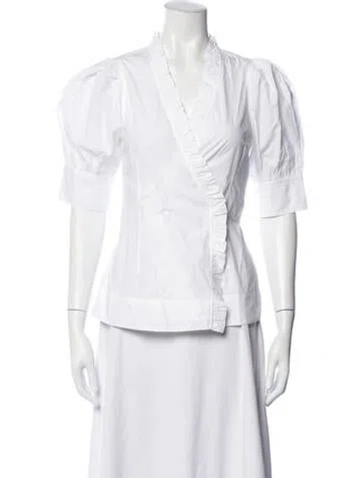 Pre-owned Ganni V-neck Short Sleeve Blouse In White
