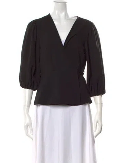 Pre-owned Ganni V-neck Three-quarter Sleeve Blouse In Black