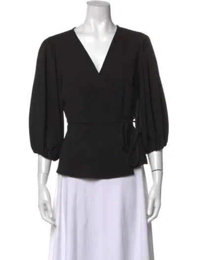 Pre-owned Ganni V-neck Three-quarter Sleeve Blouse In Black